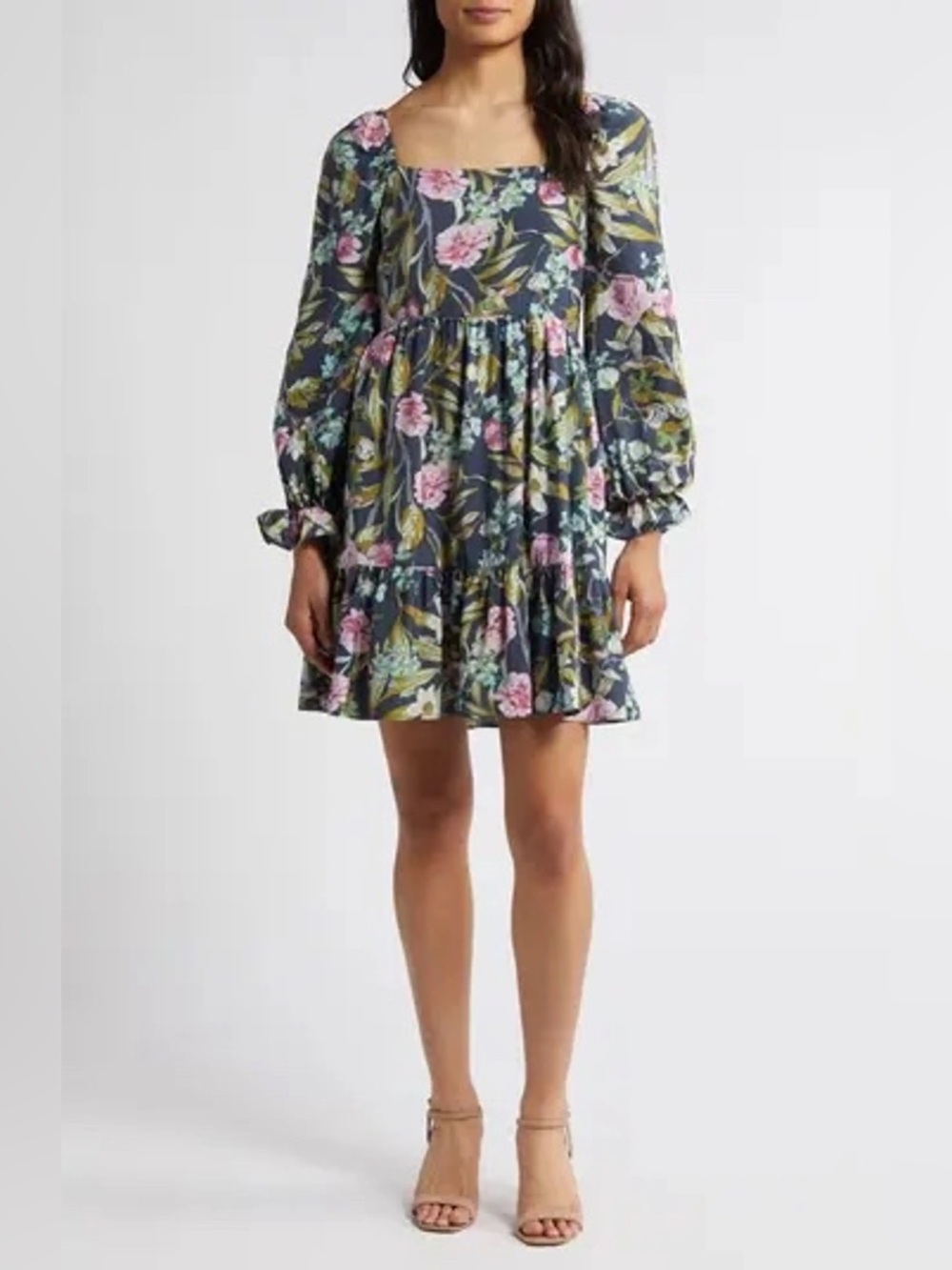Chelsea 29 Floral Longsleeve Babydoll SqaNeck Mini Dress M Medium Navy Blue Pink
